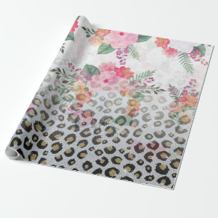 Silver Guld Black Leopard Skriv ut Rosa Flowers Presentpapper