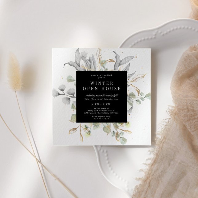 Silver Guld Blommig Elegant Fyrkantig Öppen Hus Vi Inbjudningar (Skapare uppladdad)