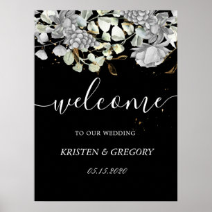 silver guld blommigt Bröllop Välkomsthälsning Poster