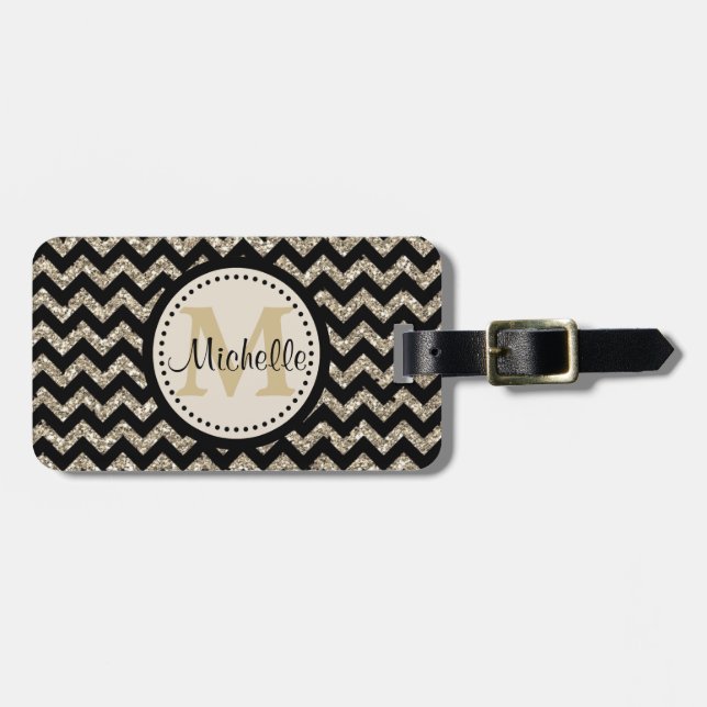 Silver Guld Chevron Monogram Bagagebricka (Horisontell Framsida)
