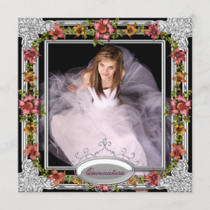 Silver Guld Coral Rosa Blommor Foto Quinceanera Inbjudningar