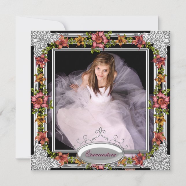 Silver Guld Coral Rosa Flowers Photo Quinceanera Inbjudningar (Framsida)
