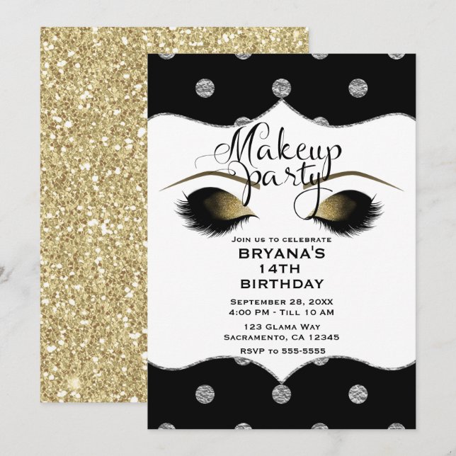 Silver & Guld Dots Makeup Eyelash Beauty Party Inbjudningar (Fram/baksida)