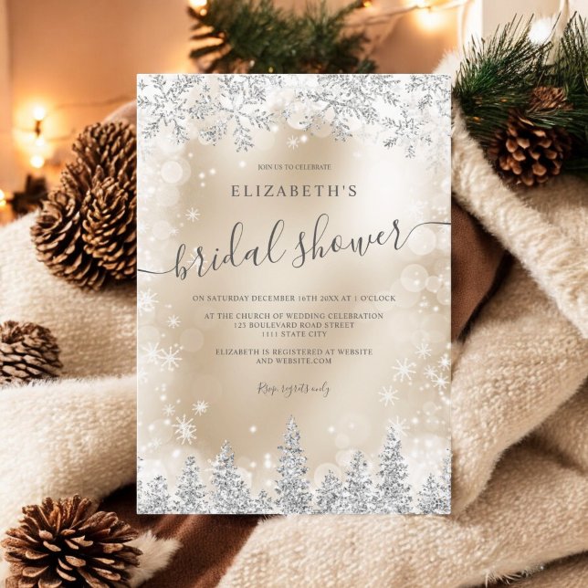 Silver guld-folie snö gräs-möhippan på vintern inbjudningar (Silver gold foil snow pine winter bridal shower invitation)