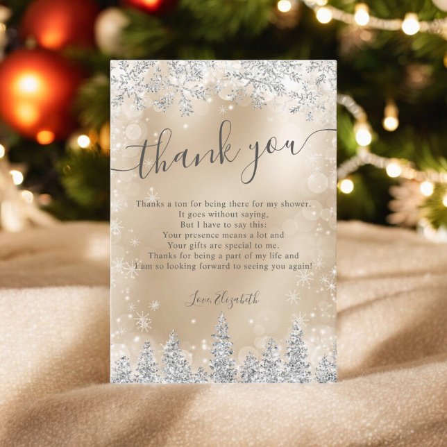 Silver guld-folie snö gräs-möhippan på vintern tack kort (Silver gold foil snow pine winter bridal shower thank you card)