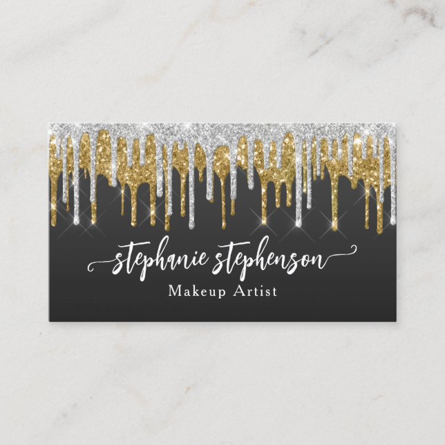 Silver + Guld Glitter Drip Mode Stylist Modern Visitkort (Framsida)