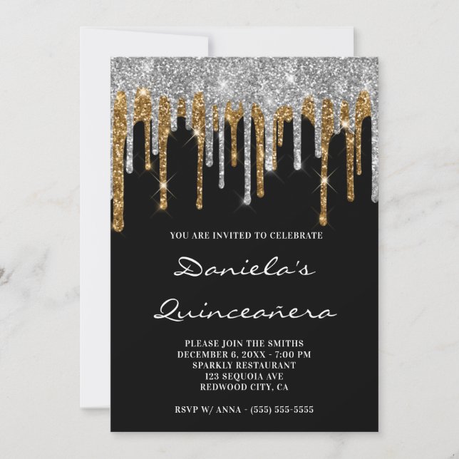 Silver Guld Glitter Drives Black Quinceañera Inbjudningar (Framsida)