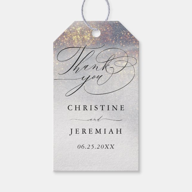 Silver Guld Gnistra Watercolor Bröllop Tack Presentetikett (Framsidan)