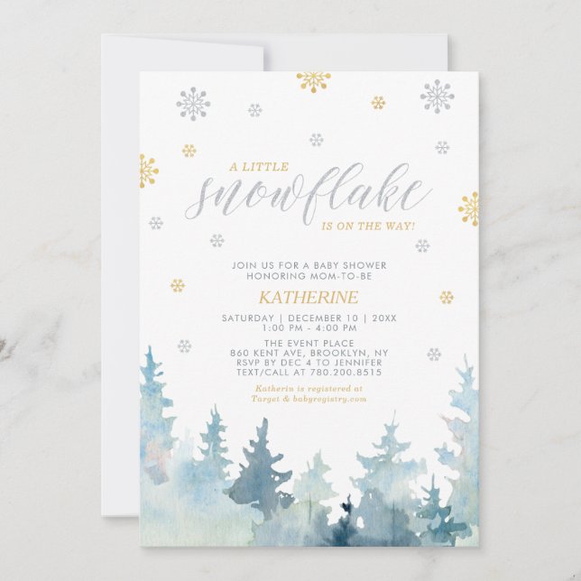 Silver & Guld, Liten Snöflinga Vinter Baby Shower Inbjudningar (Framsida)