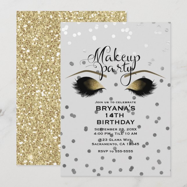 Silver & Guld Makeup Eyelash Beauty Dots Party Inbjudningar (Fram/baksida)