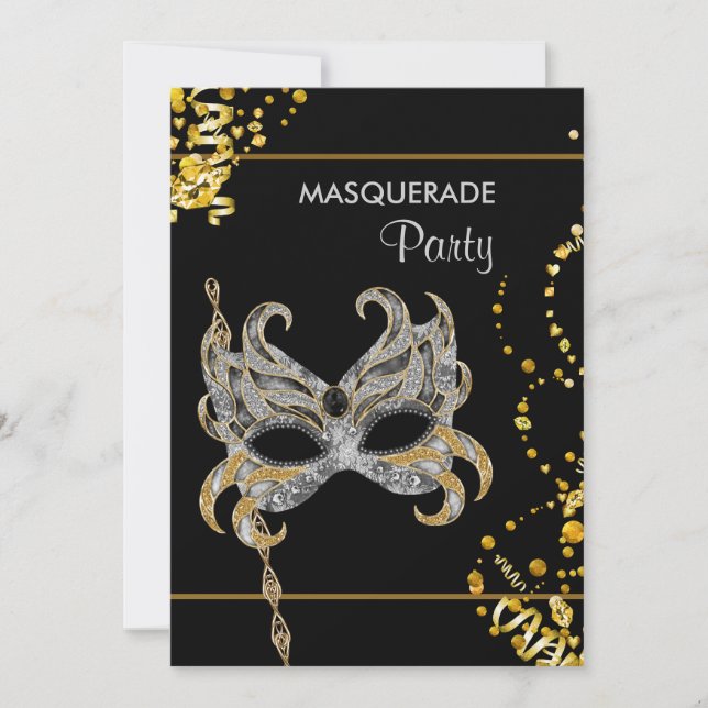 Silver Guld Mardi Gras MasqueraParty Inbjudningar (Framsida)