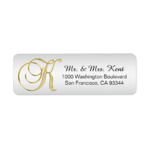Silver Guld Monogram Brev 'K' Kuvert Retur Returadress Etikett