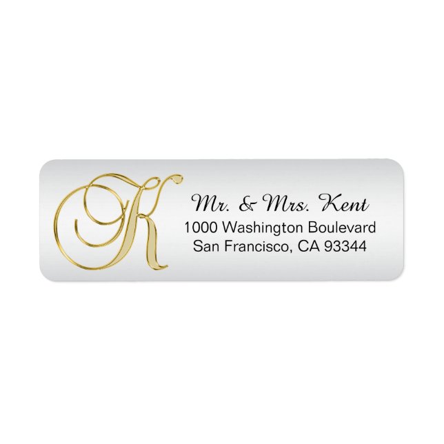 Silver Guld Monogram Brev 'K' Kuvert Retur Returadress Etikett (Framsidan)