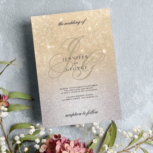 Silver guld monogram i städer ombre glitter bröllo inbjudningar (Silver gold monogram initals ombre glitter wedding invitation)