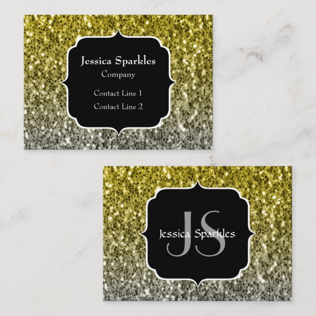 Silver guld mörk sparkles glitter monogram visitkort (Fram/baksida)