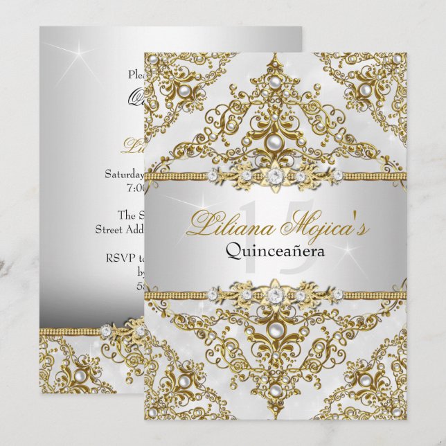 Silver & Guld Pearl Damask Quinceanera Inbjudan (Fram/baksida)
