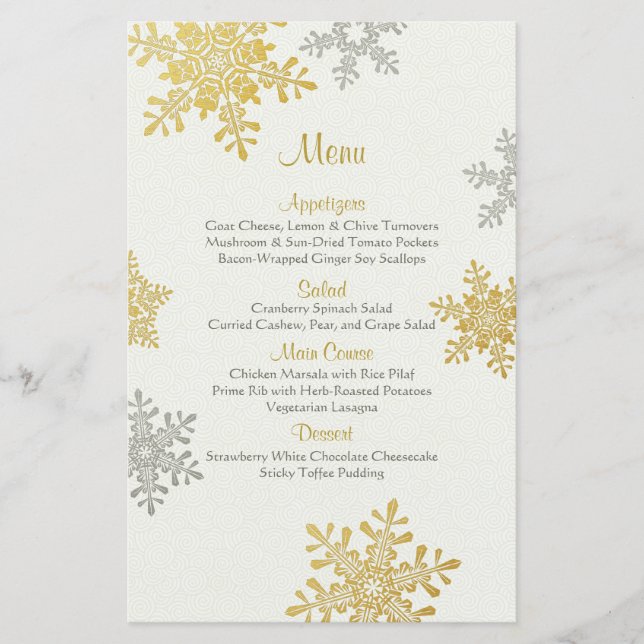 Silver Guld Pearl Snöflingor Winter Wedding Menu (Framsida)