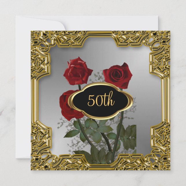 Silver Guld Ram Blommor Födelsedagsinbjudan 2 Inbjudningar (Framsida)