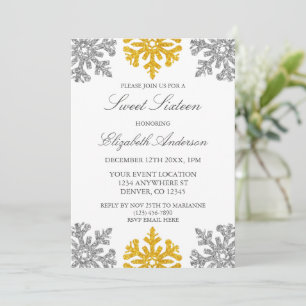 Silver Guld Snowflake Winter Sweet 16 Inbjudningar