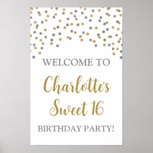 Silver Guld Sweet 16 Birthday Anpassningsbar 12x18 Poster