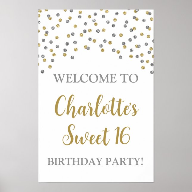 Silver Guld Sweet 16 Birthday Anpassningsbar 12x18 Poster (Framsidan)
