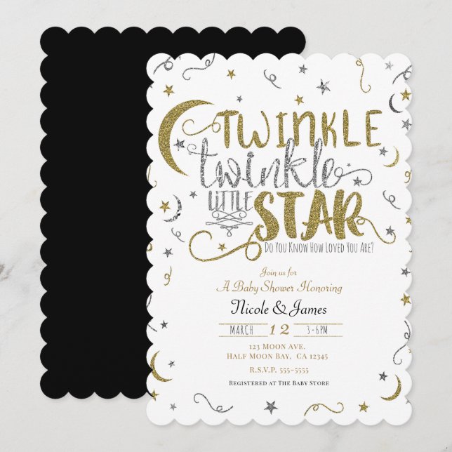 Silver & Guld Twinkle Little Star Baby Shower Inbjudningar (Fram/baksida)