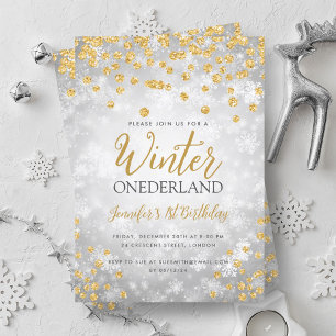 Silver Guld Winter ONEDERLAND Glitter 1:a födelsed Inbjudningar