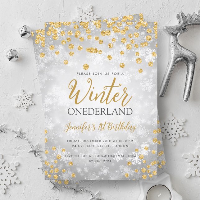 Silver Guld Winter ONEDERLAND Glitter 1:a födelsed Inbjudningar (Silver Gold Winter ONEDERLAND Glitter 1st Birthday Invitation)