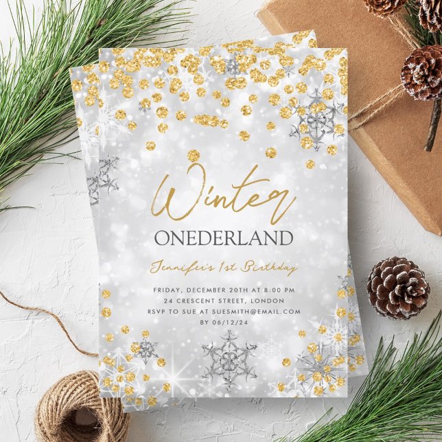 Silver Guld Winter ONEDERLAND Gnistra 1:a födelsed Inbjudningar (Silver Gold Winter ONEDERLAND Sparkle 1st Birthday Invitation)