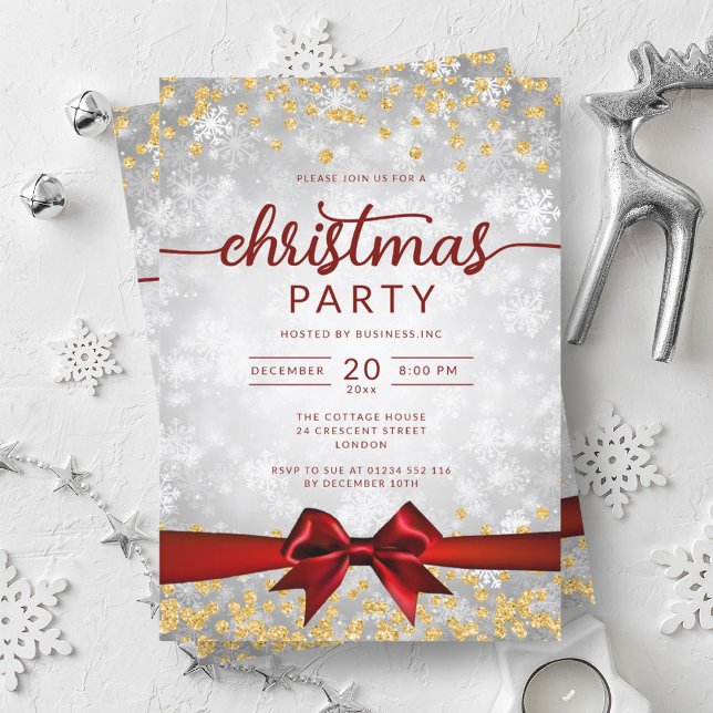 Silver Guld Winter Snöflingor Company Red Ribbon Inbjudningar (Silver Gold Winter Snowflakes Company Red Ribbon Invitation)