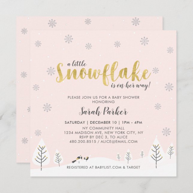 Silver & Guld Winter Wonderland Girl Baby Shower Inbjudningar (Fram/baksida)