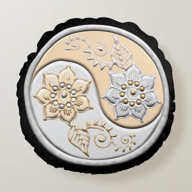 Silver & Guld Yin Yang Rund Kudde (Framsidan)