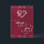 Silver Heart & Calligraphy on Burgundy/White Tack Kort<br><div class="desc">A thoughtful way to thank your friends, family & guests who graced you with their presence on your special day. This Thank You is embellished with a delicate silver scroll heart and stylish script. You can easily change the prt-written message on the back. Also available in assorted colored backgrounds for...</div>