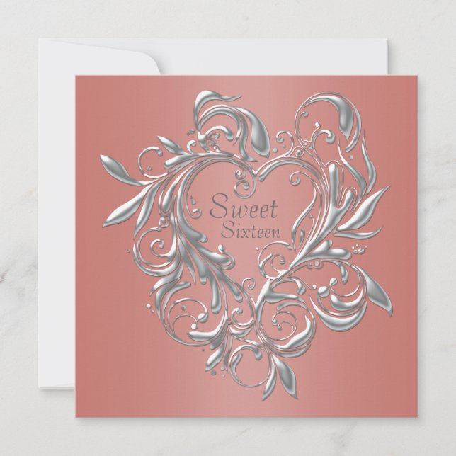 Silver Heart Coral Söta Sexton Födelsedag Inbjudningar (Framsida)