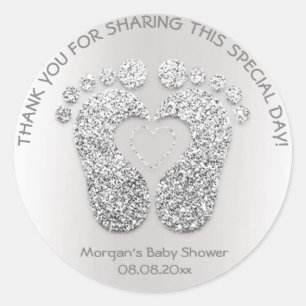 Silver Heart Feed Baby Shower Favor Tack Grått Runt Klistermärke