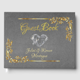  Silver Heart on Grey with Gold Border Gästböcker