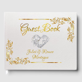 Silver Heart on White Pearl with Gold Border Gästböcker