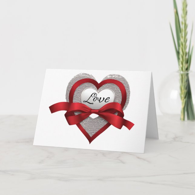 Silver Heart Red Ribbon Kärlek Valentine Day Card Kort (Framsida)