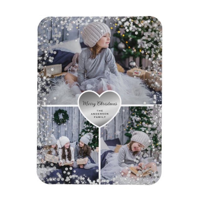 Silver Heart Sparkly Photo God jul Magnet (Vertikal)