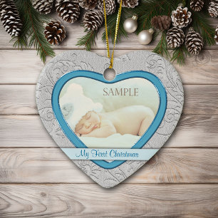 Silver Heart Swirl Pojke Första jul Julgransprydnad Keramik
