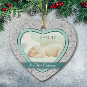 Silver Heart Teal Swirl Baby Första jul Julgransprydnad Keramik