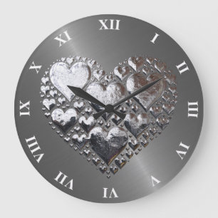 Silver Hearts on Brushed Steel Stor Klocka