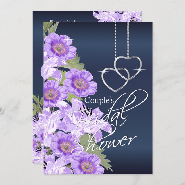 Silver Hearts on Lavender & Navy Satin Inbjudningar (Fram/baksida)