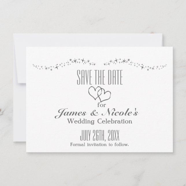Silver Hearts & Sparkle Bröllop Save The Date-kort Spara Datumet (Framsida)