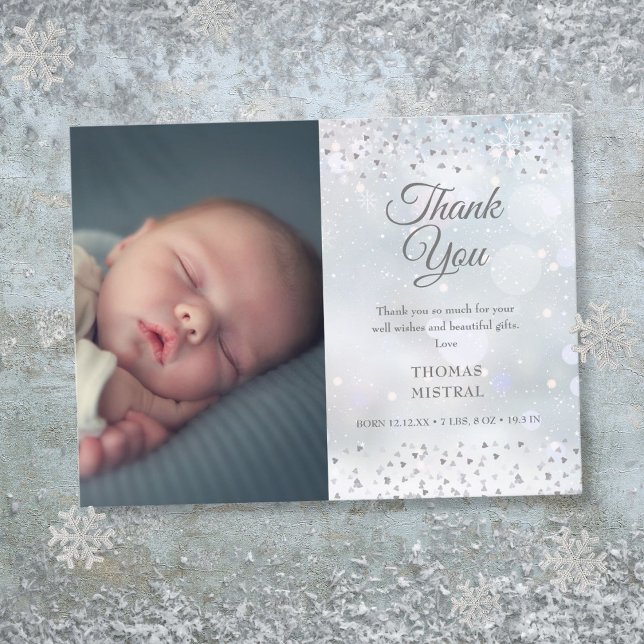 Silver Hearts Tack Foto Vinter Baby Födelse Meddelande Vykort (Silver Hearts Thank You Photo Winter Baby Birth Announcement Postcard)