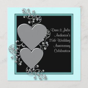 Silver Hearts Teal Silver 25-årsjubileum Fest Inbjudningar