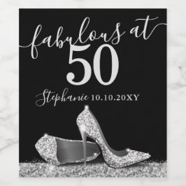 Silver High Heel 50th Fabulous Birthday Sparkling Vinflaska Etikett