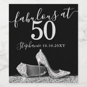 Silver High Heel 50th Fabulous Birthday Sparkling Vinflaska Etikett