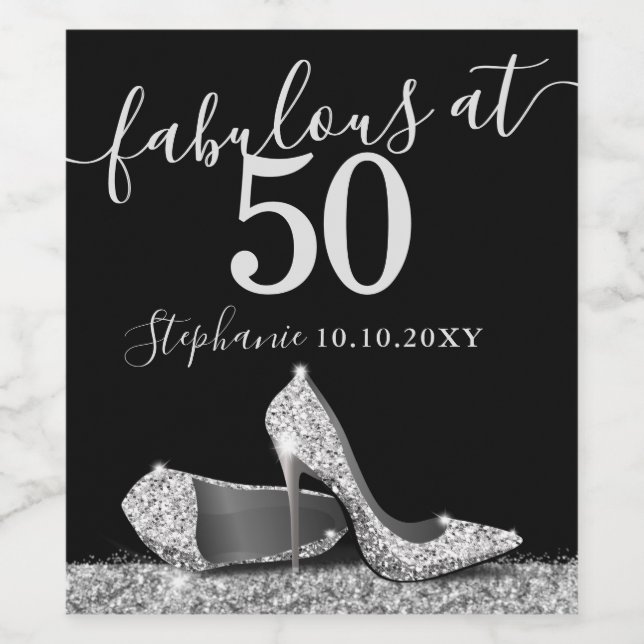 Silver High Heel 50th Fabulous Birthday Sparkling Vinflaska Etikett (Singel etikett)