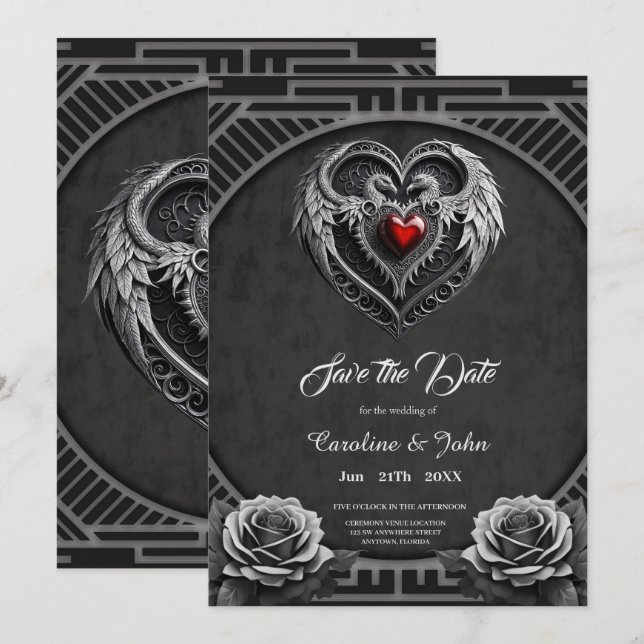 Silver hjärta med vingar. spara datumet (Fram/baksida)